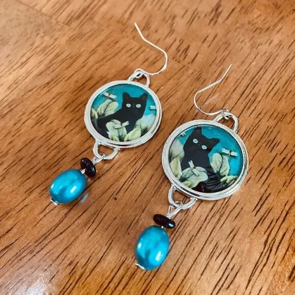 Black Cat Dragonfly Earrings Nature Boho Dangle Teal Bead Animal Lover Earrings - Picture 9 of 10